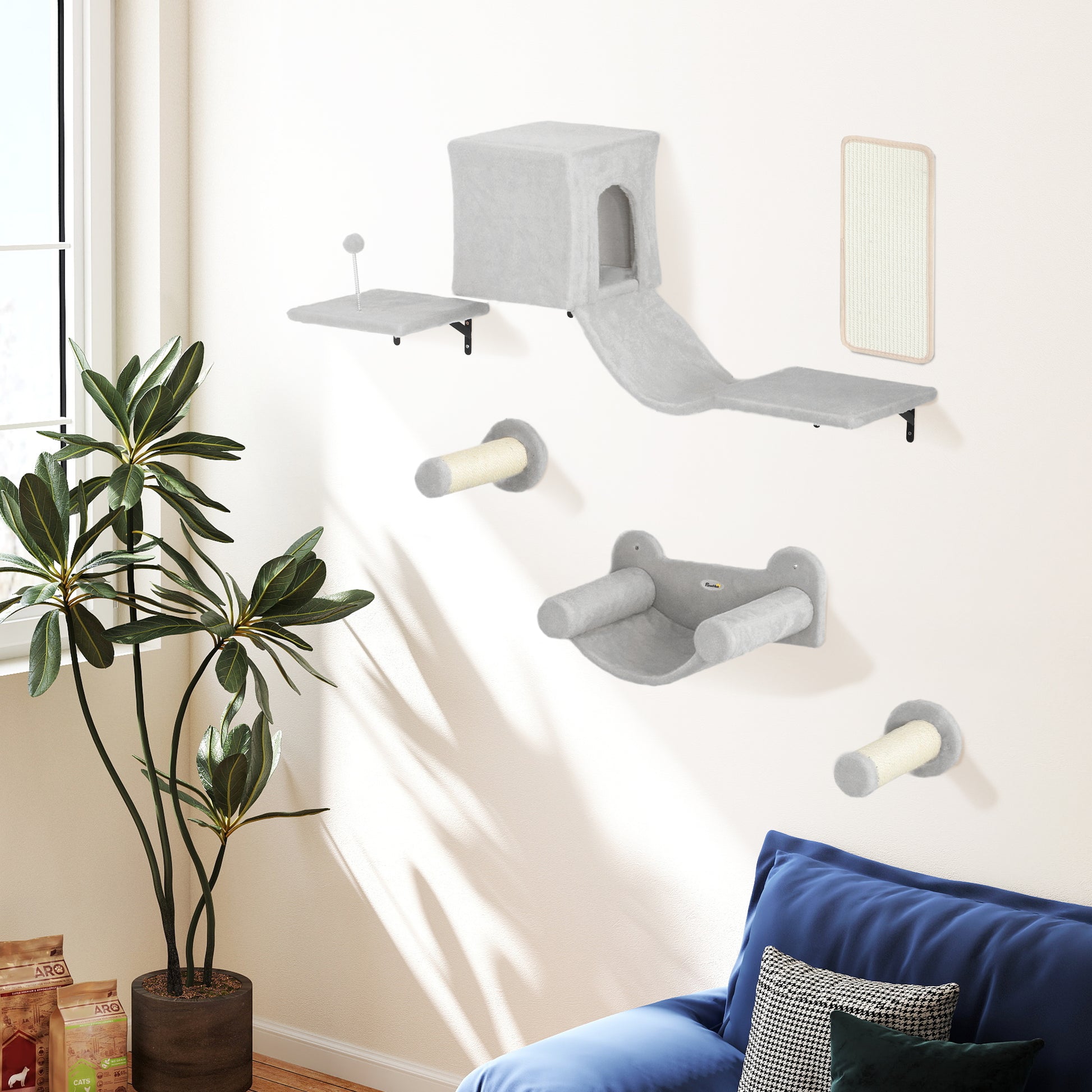 Climbing Wall Cat 6-Piece Cat Climbing Wall Set with Cat House, Hammock, Platform, Scratch Tree with Scratching Board, Plush Wall Scratching Tree, Cat Furniture for Cats up to 5 kg, Gray