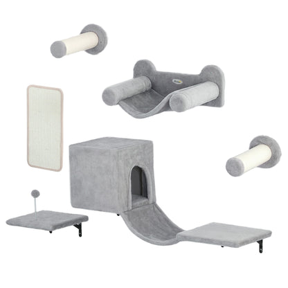 Climbing Wall Cat 6-Piece Cat Climbing Wall Set with Cat House, Hammock, Platform, Scratch Tree with Scratching Board, Plush Wall Scratching Tree, Cat Furniture for Cats up to 5 kg, Gray