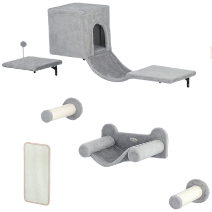 Climbing Wall Cat 6-Piece Cat Climbing Wall Set with Cat House, Hammock, Platform, Scratch Tree with Scratching Board, Plush Wall Scratching Tree, Cat Furniture for Cats up to 5 kg, Gray