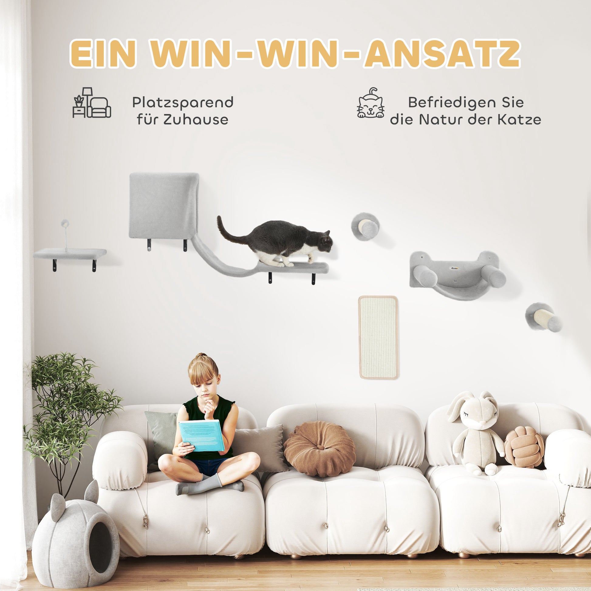Climbing Wall Cat 6-Piece Cat Climbing Wall Set with Cat House, Hammock, Platform, Scratch Tree with Scratching Board, Plush Wall Scratching Tree, Cat Furniture for Cats up to 5 kg, Gray