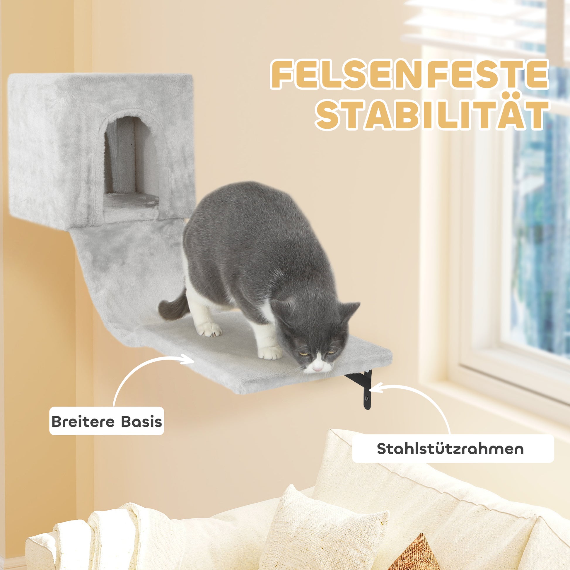 Climbing Wall Cat 6-Piece Cat Climbing Wall Set with Cat House, Hammock, Platform, Scratch Tree with Scratching Board, Plush Wall Scratching Tree, Cat Furniture for Cats up to 5 kg, Gray