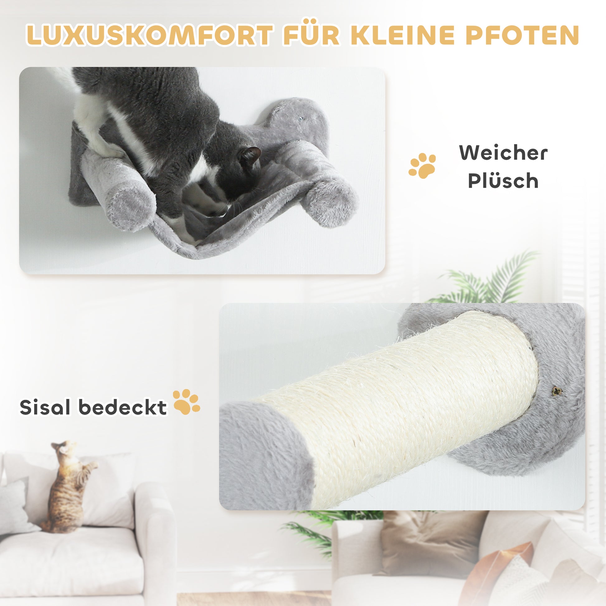Climbing Wall Cat 6-Piece Cat Climbing Wall Set with Cat House, Hammock, Platform, Scratch Tree with Scratching Board, Plush Wall Scratching Tree, Cat Furniture for Cats up to 5 kg, Gray