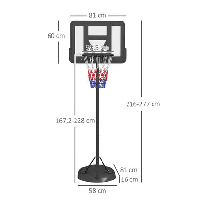 SPORTNOW Adjustable Height Basketball Hoop 216-277 cm Basketball Rim for Outdoor with Wheels and Fillable Base for Teens and Adults Black