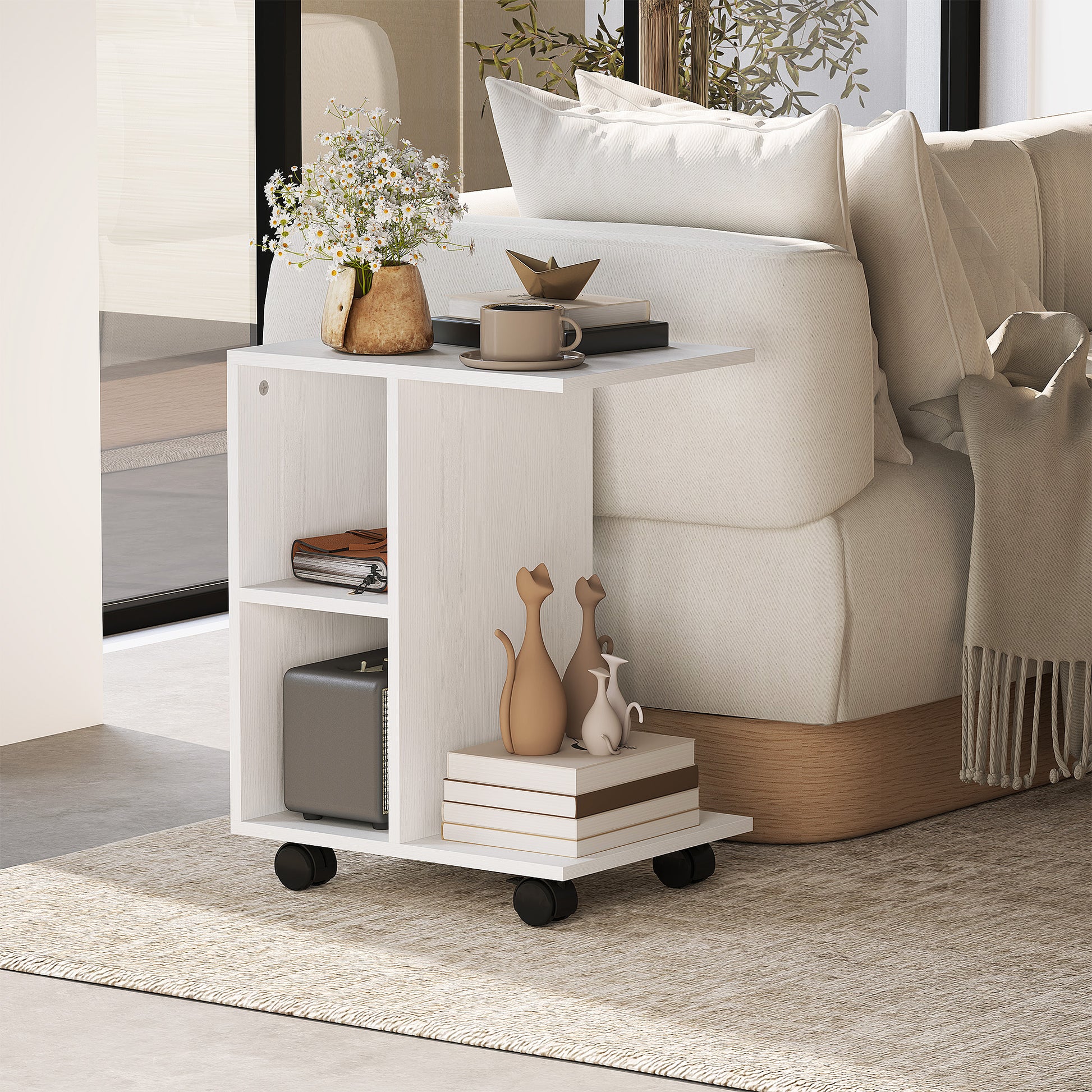 C-Shaped Side Table with Casters, Coffee Table, Portable Sofa Table, for Small Spaces, 45 x 35 x 58 cm, White
