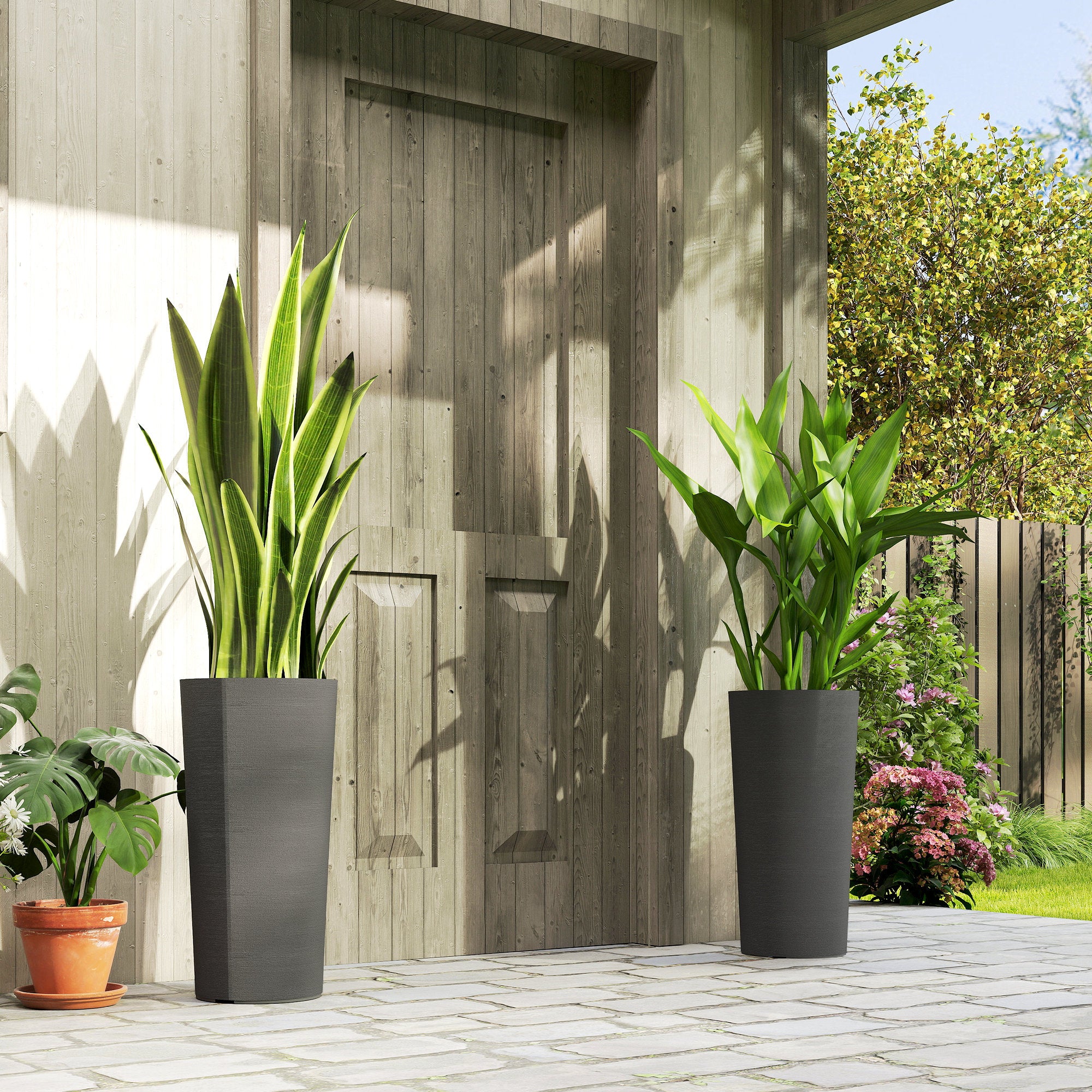 Set of 2 Stackable 23.6 in Tall Planters – Plastic Flower Pots with Inner Liner & Drainage, Dark Gray