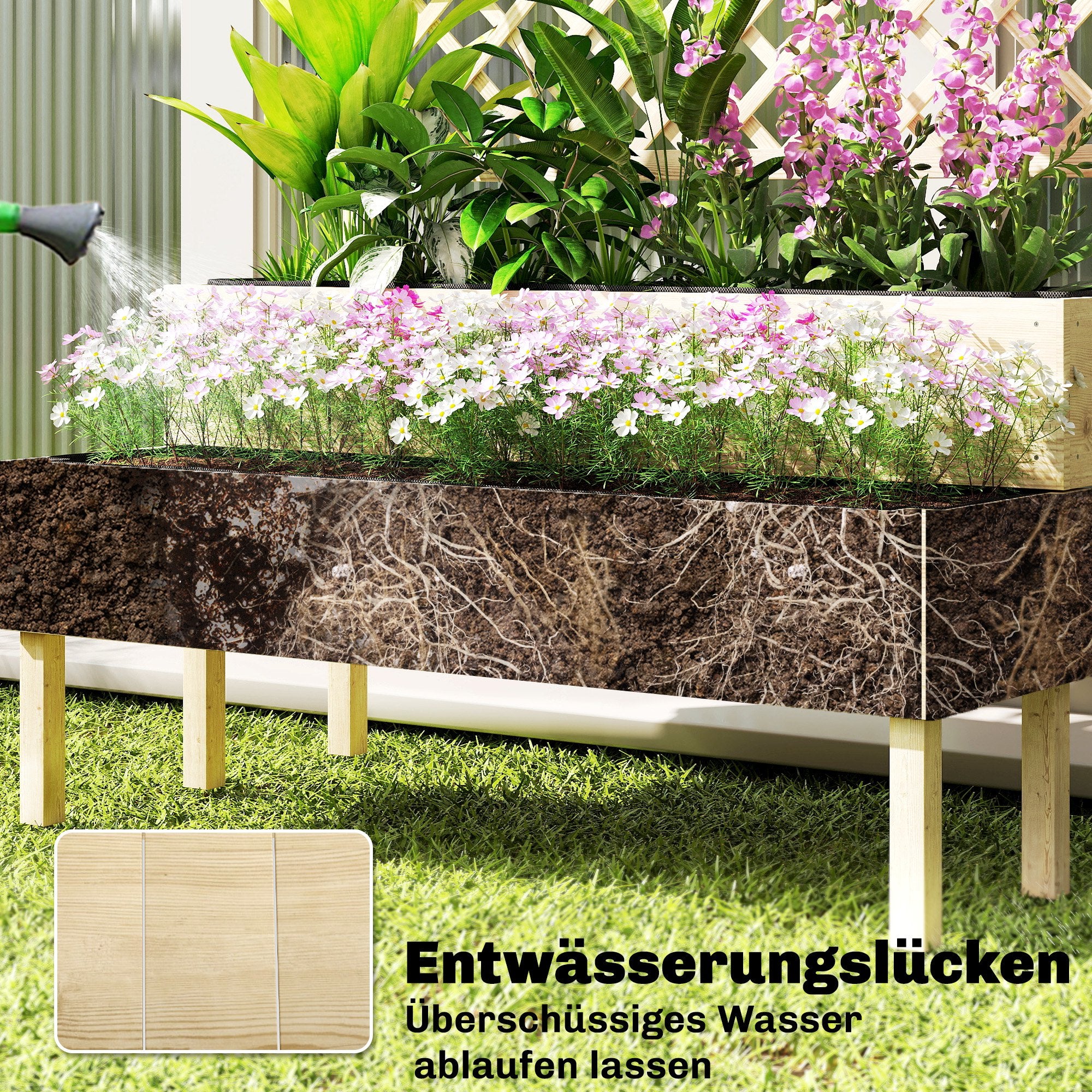 2-Tier Raised Planter with Trellis — 2 Fabric-Lined Wooden Plant Boxes for Climbing Plants, 108 x 62 x 120 cm (42.5 x 24.4 x 47.2 in)