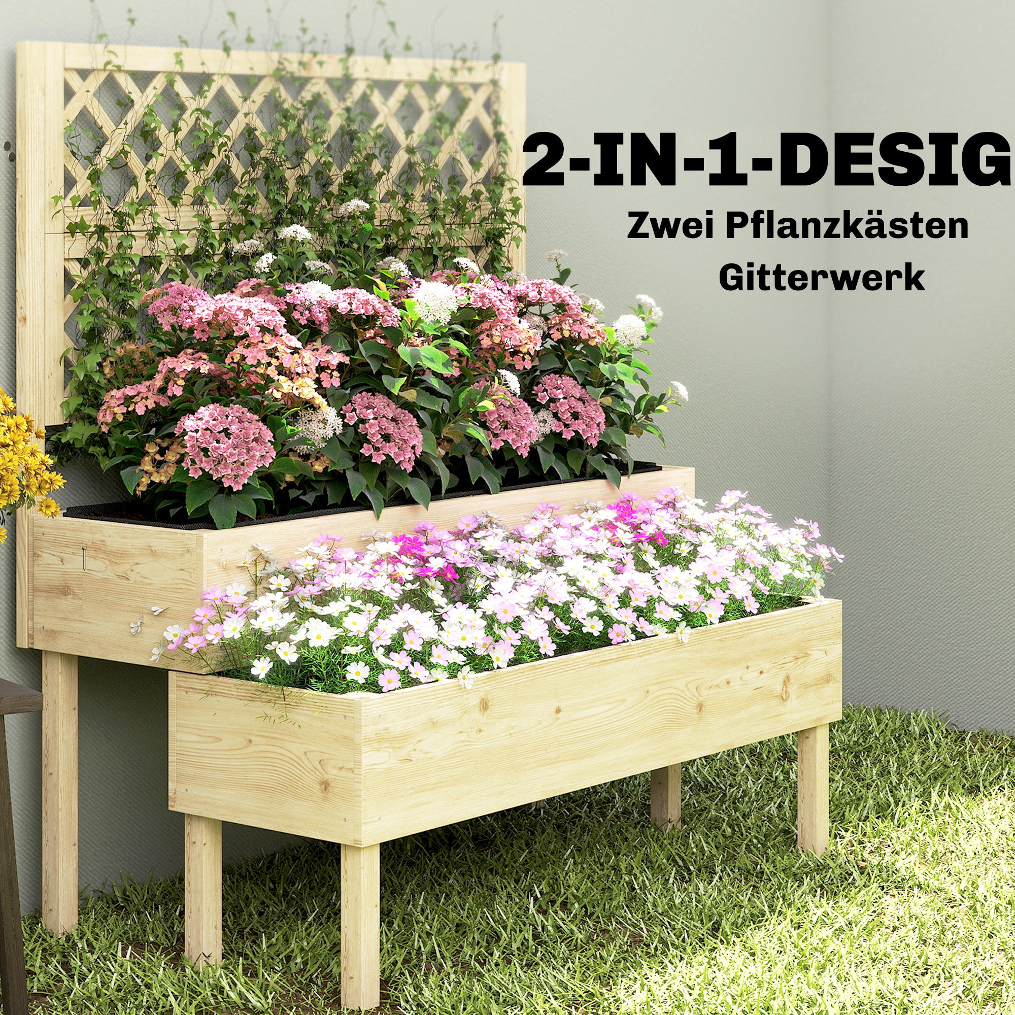 2-Tier Raised Planter with Trellis — 2 Fabric-Lined Wooden Plant Boxes for Climbing Plants, 108 x 62 x 120 cm (42.5 x 24.4 x 47.2 in)