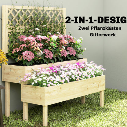 2-Tier Raised Planter with Trellis — 2 Fabric-Lined Wooden Plant Boxes for Climbing Plants, 108 x 62 x 120 cm (42.5 x 24.4 x 47.2 in)