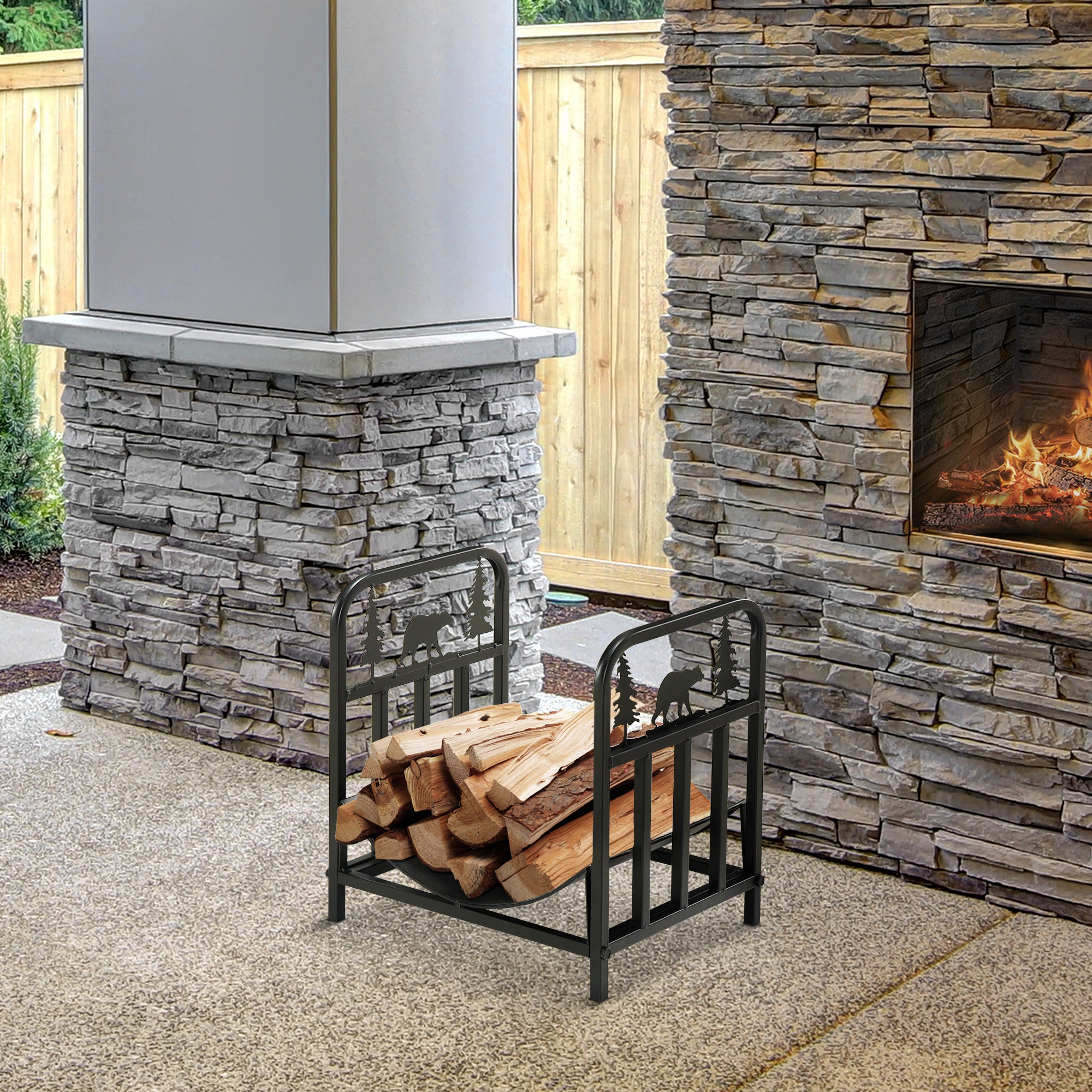 Firewood Rack 42 x 33.5 x 43 cm Firewood Rack with Handles, for Outdoor, Indoor, up to 50 kg, Metal, Black