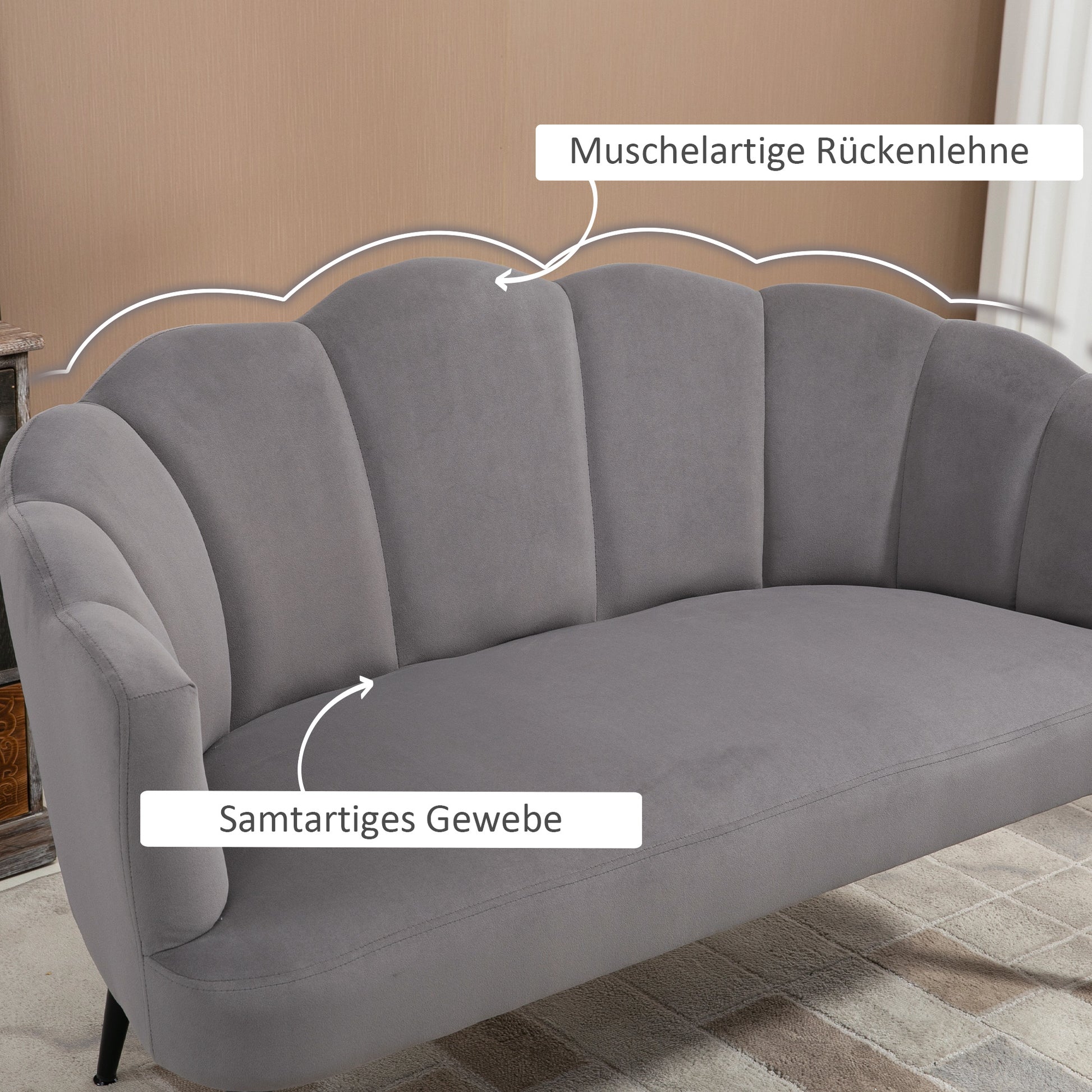 Sofa 2 Seater 132 cm Couch with Armrest, Shell-like Backrest, Small Modern Velvet Upholstered Sofa with Metal Legs for Living Room, Bedroom Dark Gray