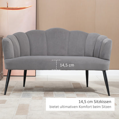 Sofa 2 Seater 132 cm Couch with Armrest, Shell-like Backrest, Small Modern Velvet Upholstered Sofa with Metal Legs for Living Room, Bedroom Dark Gray