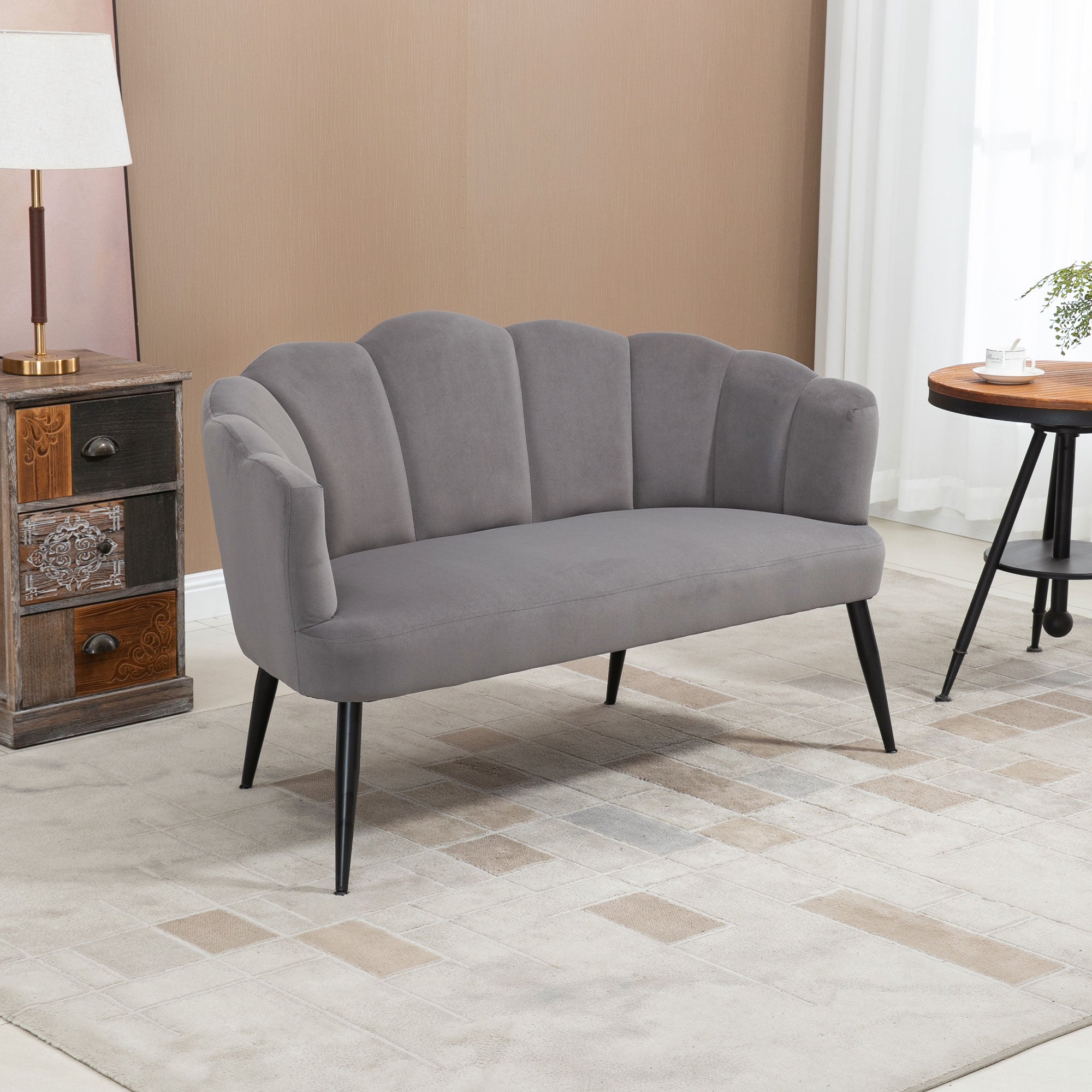 Sofa 2 Seater 132 cm Couch with Armrest, Shell-like Backrest, Small Modern Velvet Upholstered Sofa with Metal Legs for Living Room, Bedroom Dark Gray
