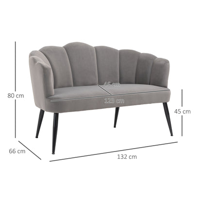 Sofa 2 Seater 132 cm Couch with Armrest, Shell-like Backrest, Small Modern Velvet Upholstered Sofa with Metal Legs for Living Room, Bedroom Dark Gray