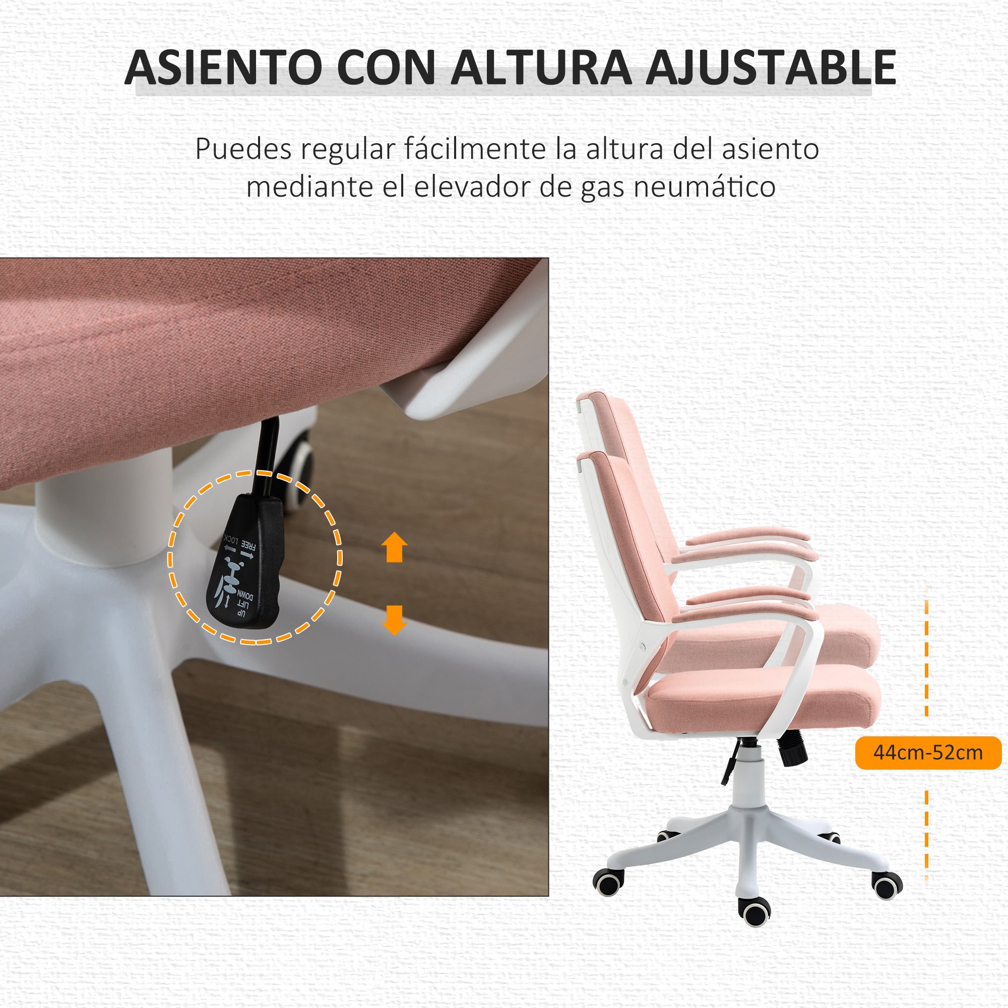Swivel Office Chair with Armrests and Adjustable Height for Bedroom Living Room Load 120 kg 62x69x92-100 cm Pink