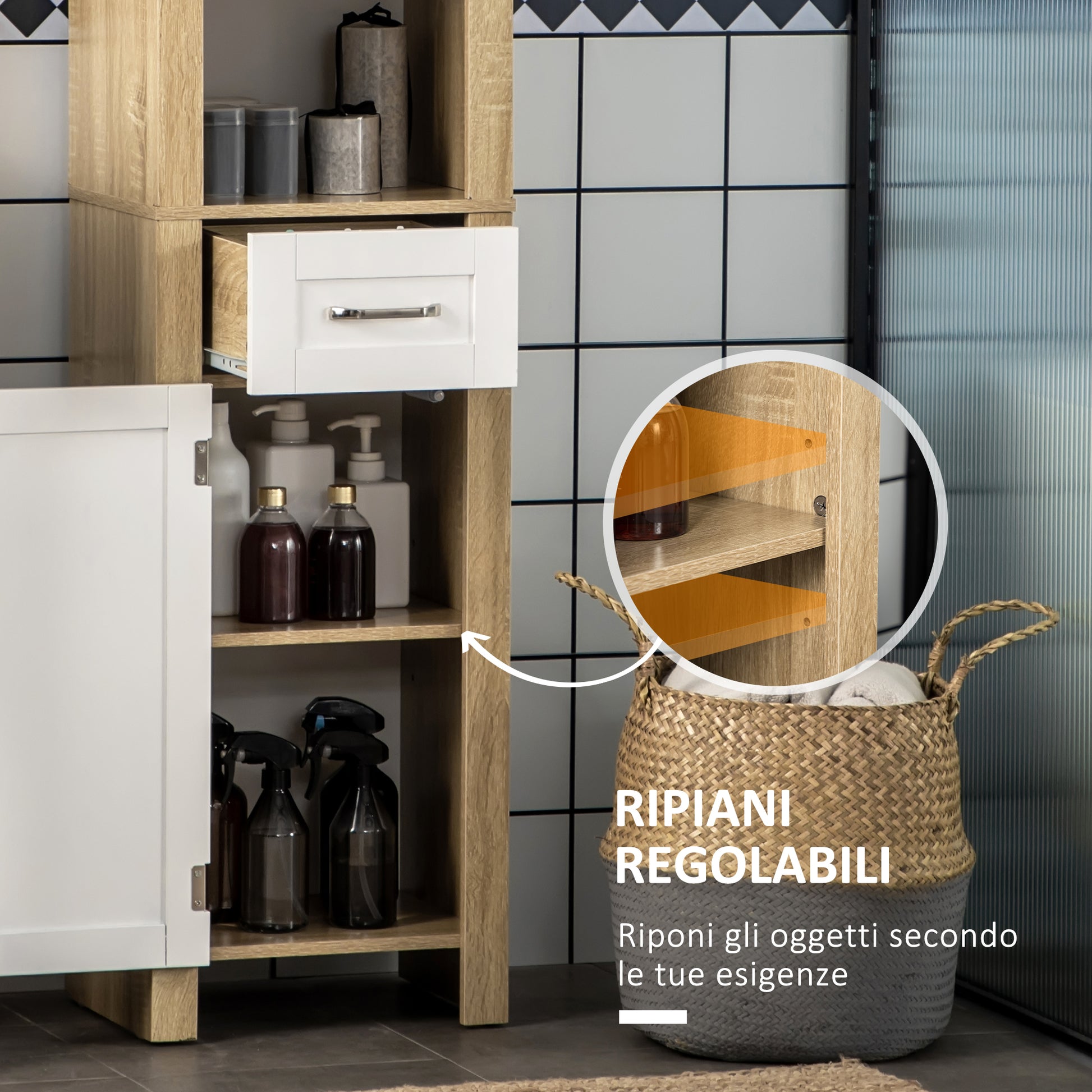 Bathroom Column, Tall Chipboard Bathroom Cabinet with a Drawer, 2 Cabinets, and 2 Adjustable Open Shelves, 37x30x184 cm, White and Wood Color