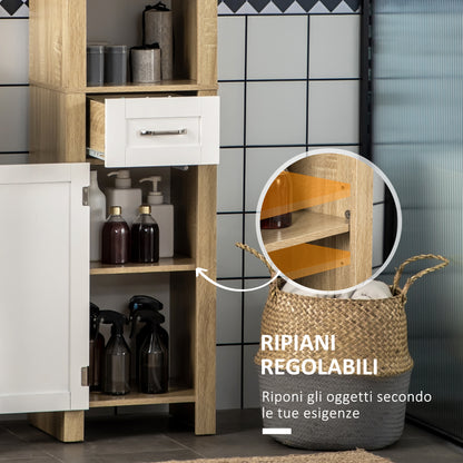 Bathroom Column, Tall Chipboard Bathroom Cabinet with a Drawer, 2 Cabinets, and 2 Adjustable Open Shelves, 37x30x184 cm, White and Wood Color