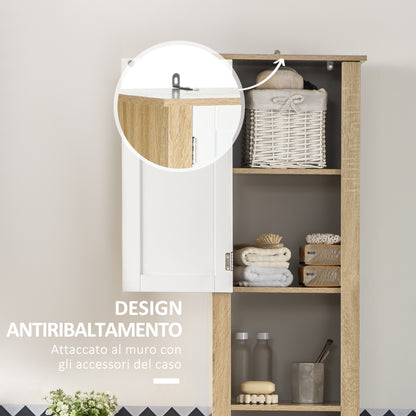 Bathroom Column, Tall Chipboard Bathroom Cabinet with a Drawer, 2 Cabinets, and 2 Adjustable Open Shelves, 37x30x184 cm, White and Wood Color