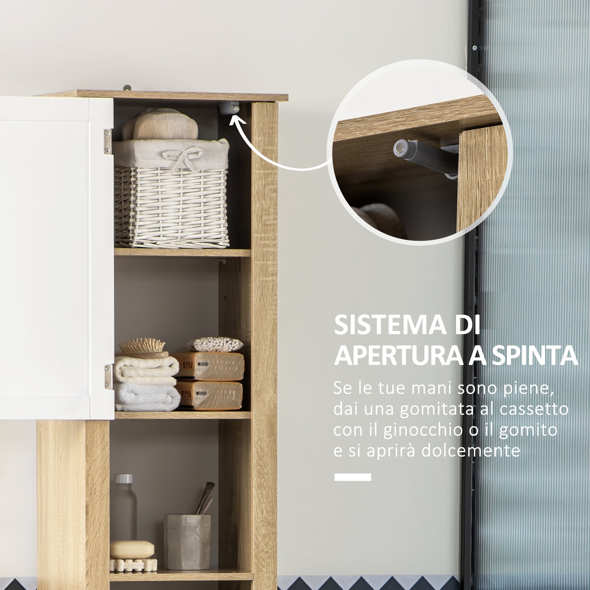 Bathroom Column, Tall Chipboard Bathroom Cabinet with a Drawer, 2 Cabinets, and 2 Adjustable Open Shelves, 37x30x184 cm, White and Wood Color