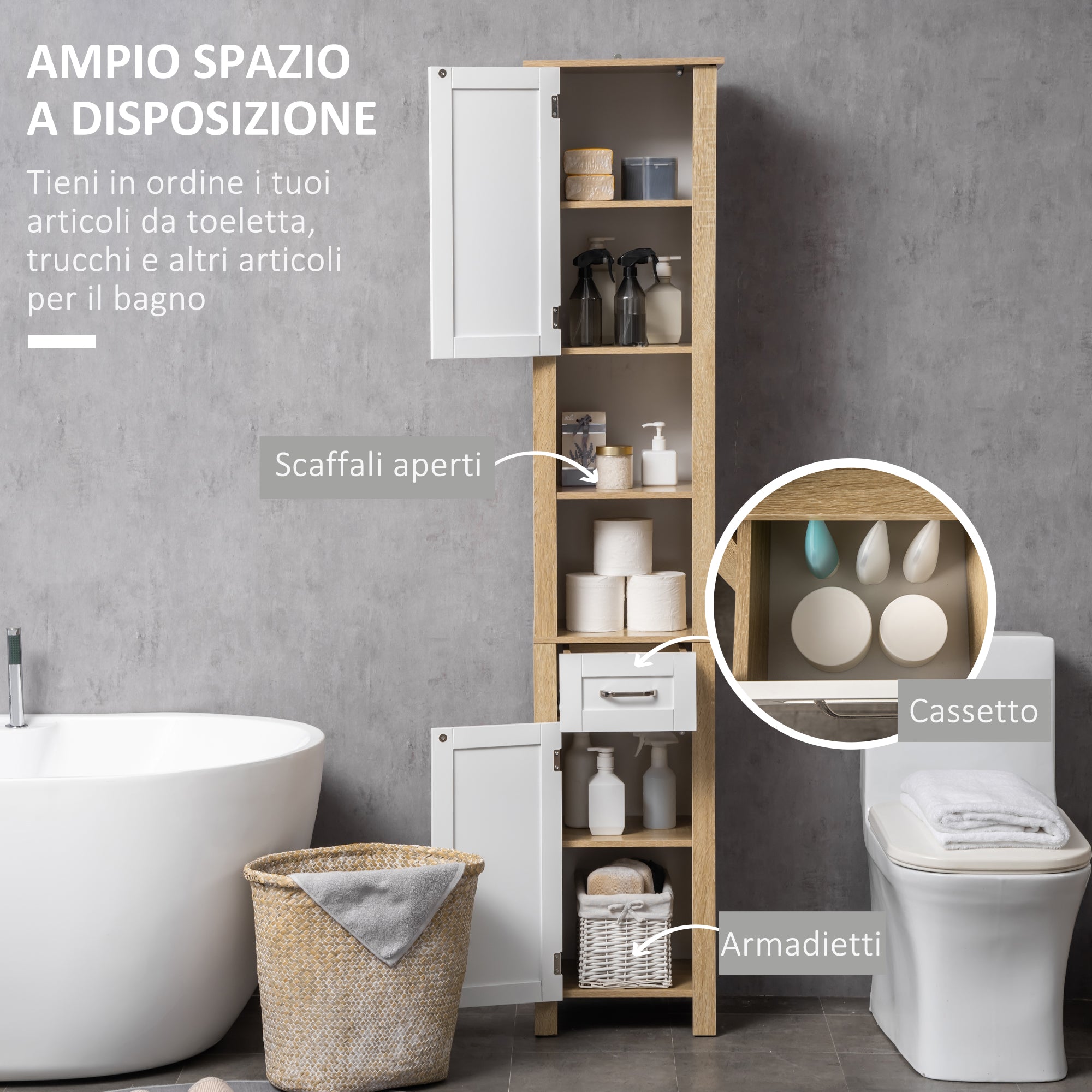 Bathroom Column, Tall Chipboard Bathroom Cabinet with a Drawer, 2 Cabinets, and 2 Adjustable Open Shelves, 37x30x184 cm, White and Wood Color