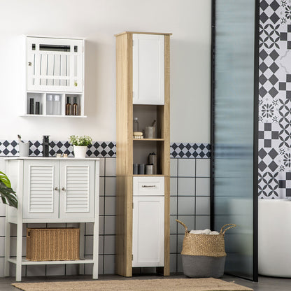 Bathroom Column, Tall Chipboard Bathroom Cabinet with a Drawer, 2 Cabinets, and 2 Adjustable Open Shelves, 37x30x184 cm, White and Wood Color