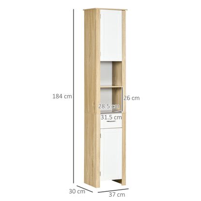 Bathroom Column, Tall Chipboard Bathroom Cabinet with a Drawer, 2 Cabinets, and 2 Adjustable Open Shelves, 37x30x184 cm, White and Wood Color