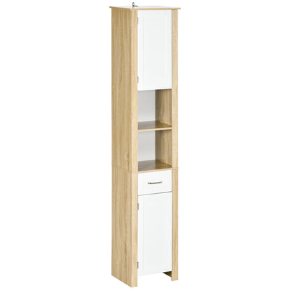 Bathroom Column, Tall Chipboard Bathroom Cabinet with a Drawer, 2 Cabinets, and 2 Adjustable Open Shelves, 37x30x184 cm, White and Wood Color