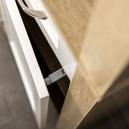 Bathroom Column, Tall Chipboard Bathroom Cabinet with a Drawer, 2 Cabinets, and 2 Adjustable Open Shelves, 37x30x184 cm, White and Wood Color