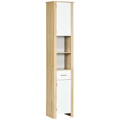 Bathroom Column, Tall Chipboard Bathroom Cabinet with a Drawer, 2 Cabinets, and 2 Adjustable Open Shelves, 37x30x184 cm, White and Wood Color