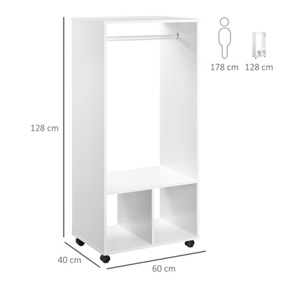 Wardrobe with Wheels Closet for Clothes with Hanging Rail Open Shelves Organizer for Bedroom 60x40x128 cm White