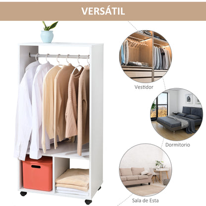 Wardrobe with Wheels Closet for Clothes with Hanging Rail Open Shelves Organizer for Bedroom 60x40x128 cm White