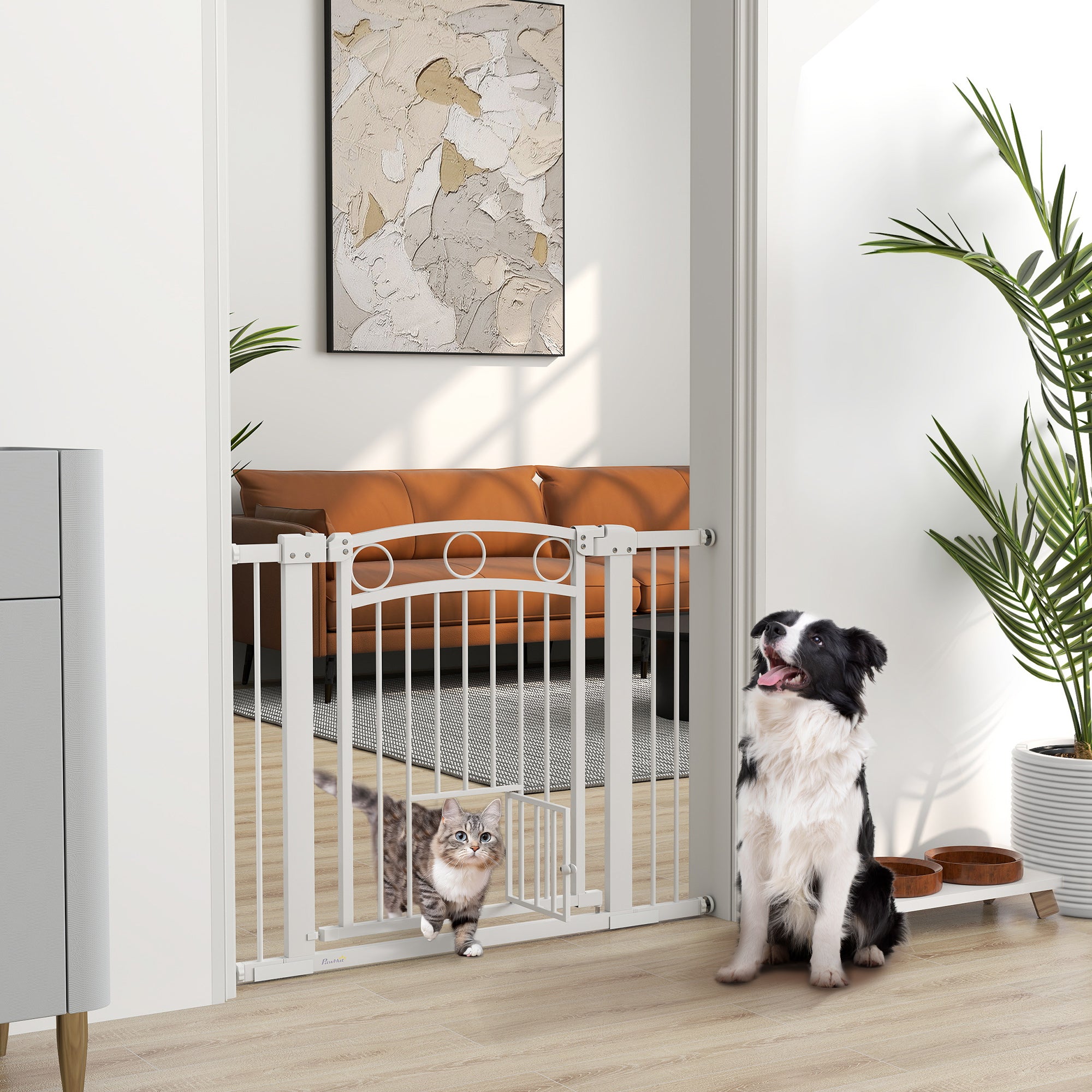 Door Gate for Dogs, 76-104 x 77 cm Stair Gate without Drilling, Lockable Stair Guard with Bidirectional Cat Door, One-Hand Opening, for all large dogs, Steel, White