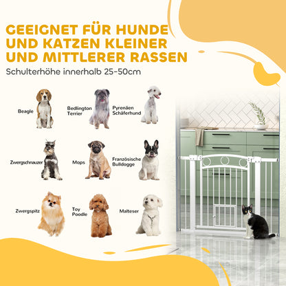 Door Gate for Dogs, 76-104 x 77 cm Stair Gate without Drilling, Lockable Stair Guard with Bidirectional Cat Door, One-Hand Opening, for all large dogs, Steel, White