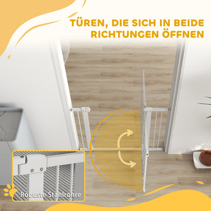 Door Gate for Dogs, 76-104 x 77 cm Stair Gate without Drilling, Lockable Stair Guard with Bidirectional Cat Door, One-Hand Opening, for all large dogs, Steel, White