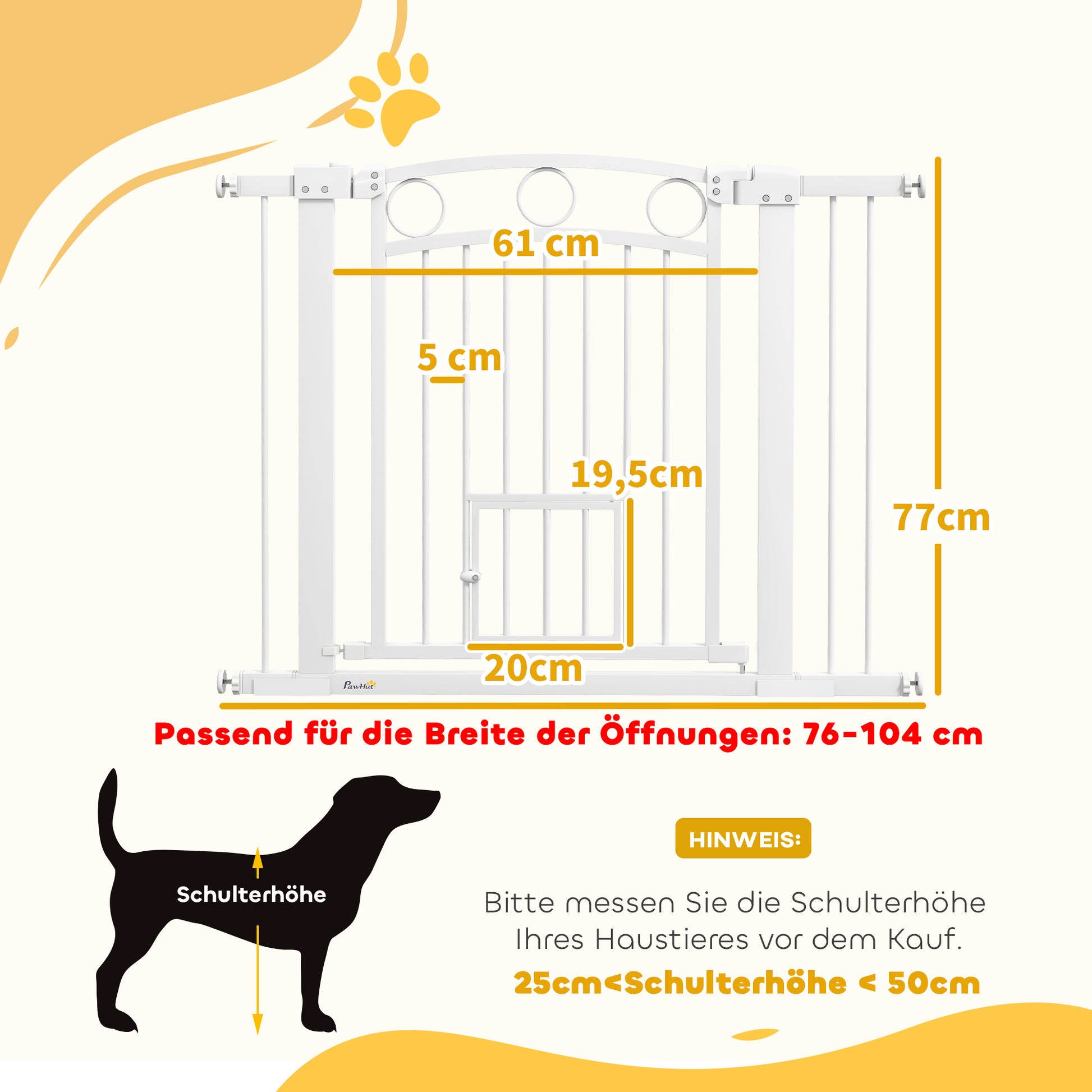 Door Gate for Dogs, 76-104 x 77 cm Stair Gate without Drilling, Lockable Stair Guard with Bidirectional Cat Door, One-Hand Opening, for all large dogs, Steel, White