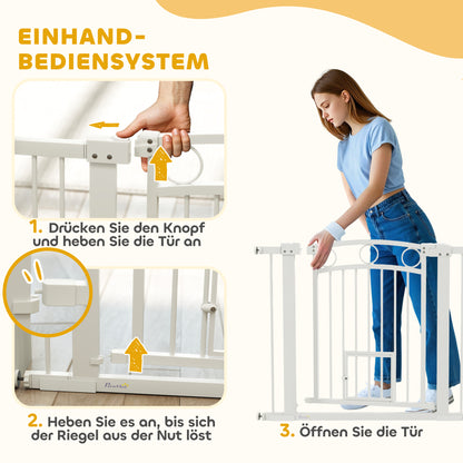 Door Gate for Dogs, 76-104 x 77 cm Stair Gate without Drilling, Lockable Stair Guard with Bidirectional Cat Door, One-Hand Opening, for all large dogs, Steel, White