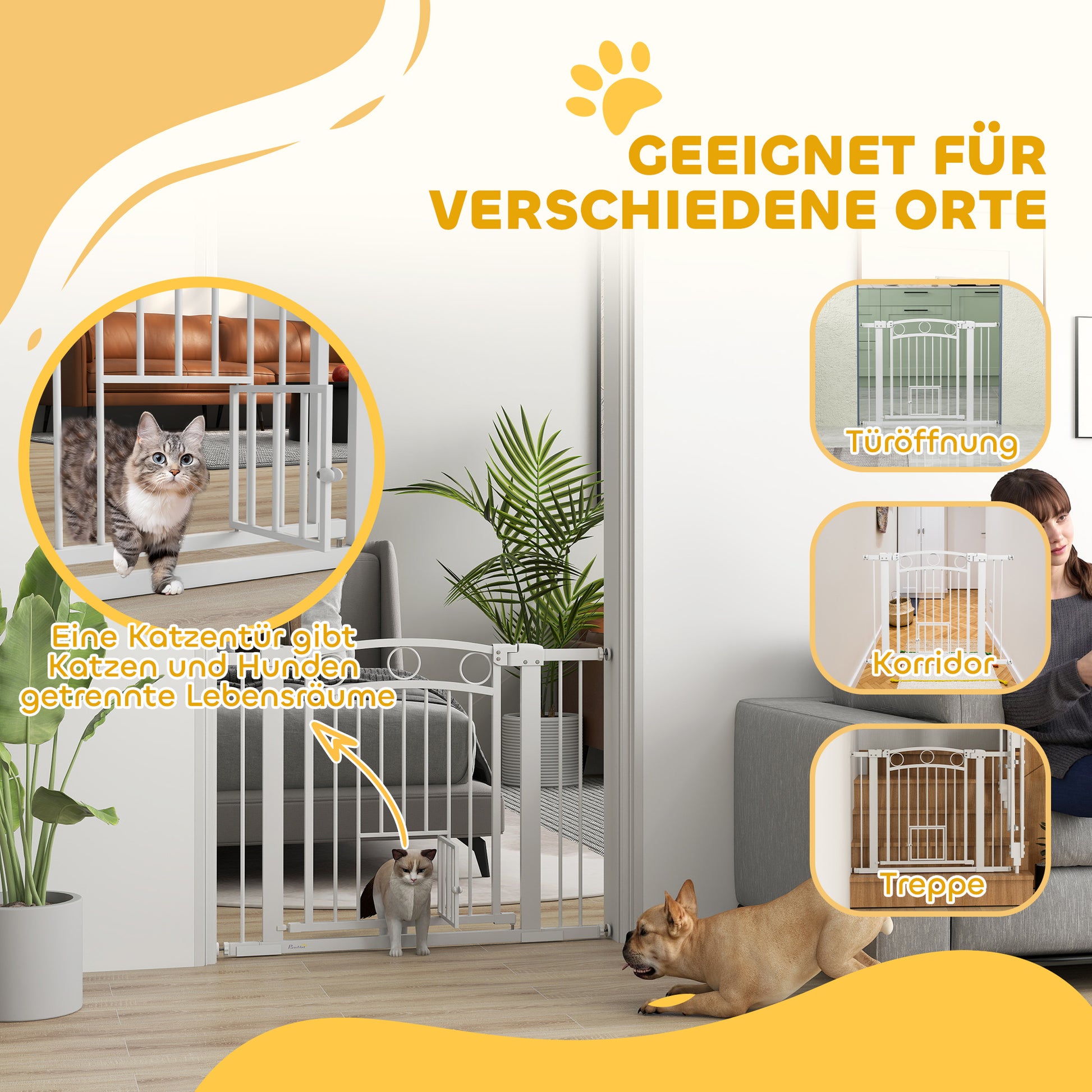 Door Gate for Dogs, 76-104 x 77 cm Stair Gate without Drilling, Lockable Stair Guard with Bidirectional Cat Door, One-Hand Opening, for all large dogs, Steel, White