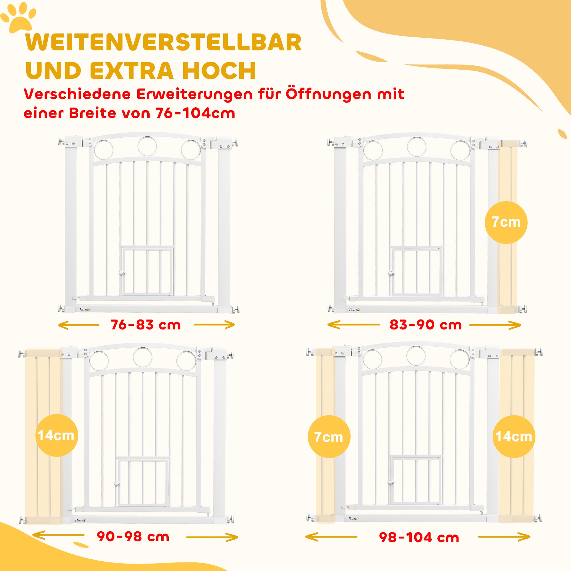 Door Gate for Dogs, 76-104 x 77 cm Stair Gate without Drilling, Lockable Stair Guard with Bidirectional Cat Door, One-Hand Opening, for all large dogs, Steel, White