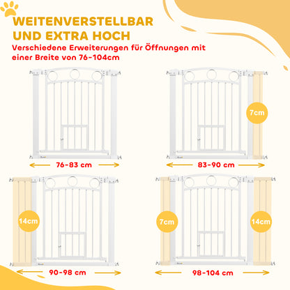 Door Gate for Dogs, 76-104 x 77 cm Stair Gate without Drilling, Lockable Stair Guard with Bidirectional Cat Door, One-Hand Opening, for all large dogs, Steel, White
