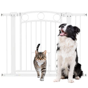 Door Gate for Dogs, 76-104 x 77 cm Stair Gate without Drilling, Lockable Stair Guard with Bidirectional Cat Door, One-Hand Opening, for all large dogs, Steel, White