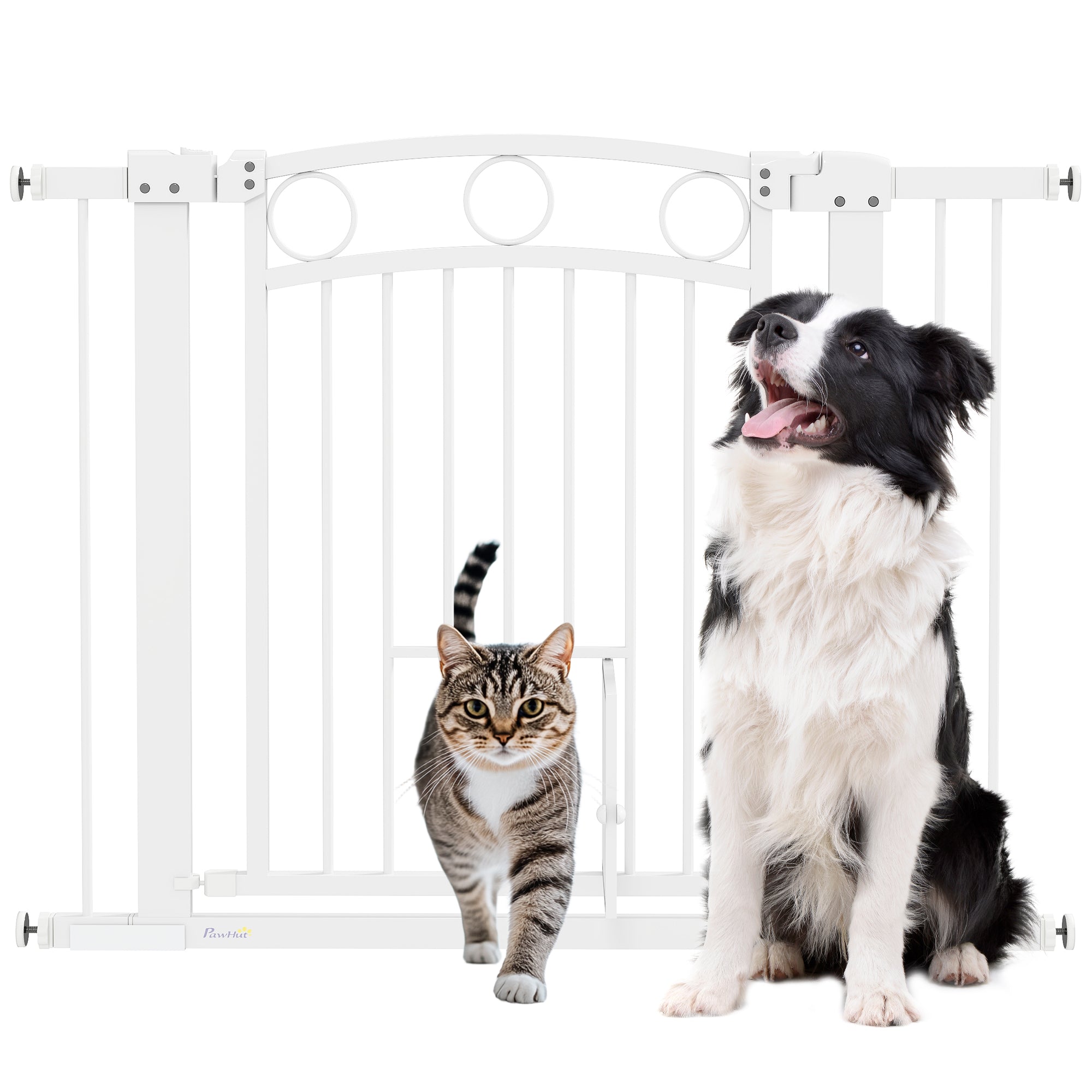 Door Gate for Dogs, 76-104 x 77 cm Stair Gate without Drilling, Lockable Stair Guard with Bidirectional Cat Door, One-Hand Opening, for all large dogs, Steel, White