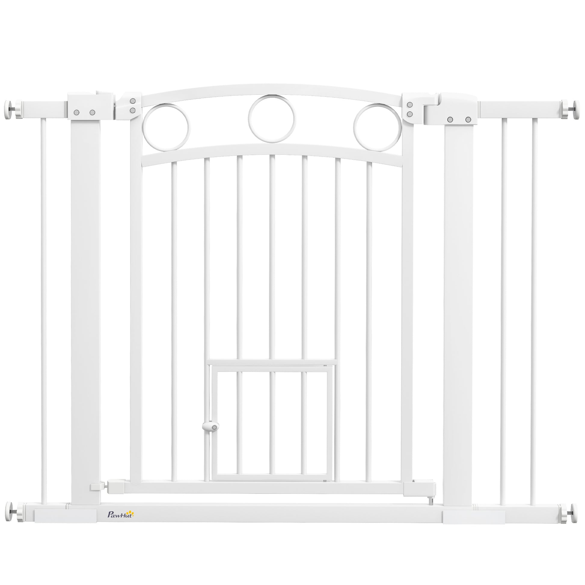 Door Gate for Dogs, 76-104 x 77 cm Stair Gate without Drilling, Lockable Stair Guard with Bidirectional Cat Door, One-Hand Opening, for all large dogs, Steel, White