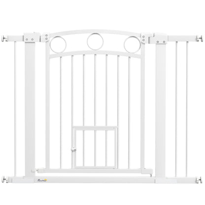 Door Gate for Dogs, 76-104 x 77 cm Stair Gate without Drilling, Lockable Stair Guard with Bidirectional Cat Door, One-Hand Opening, for all large dogs, Steel, White
