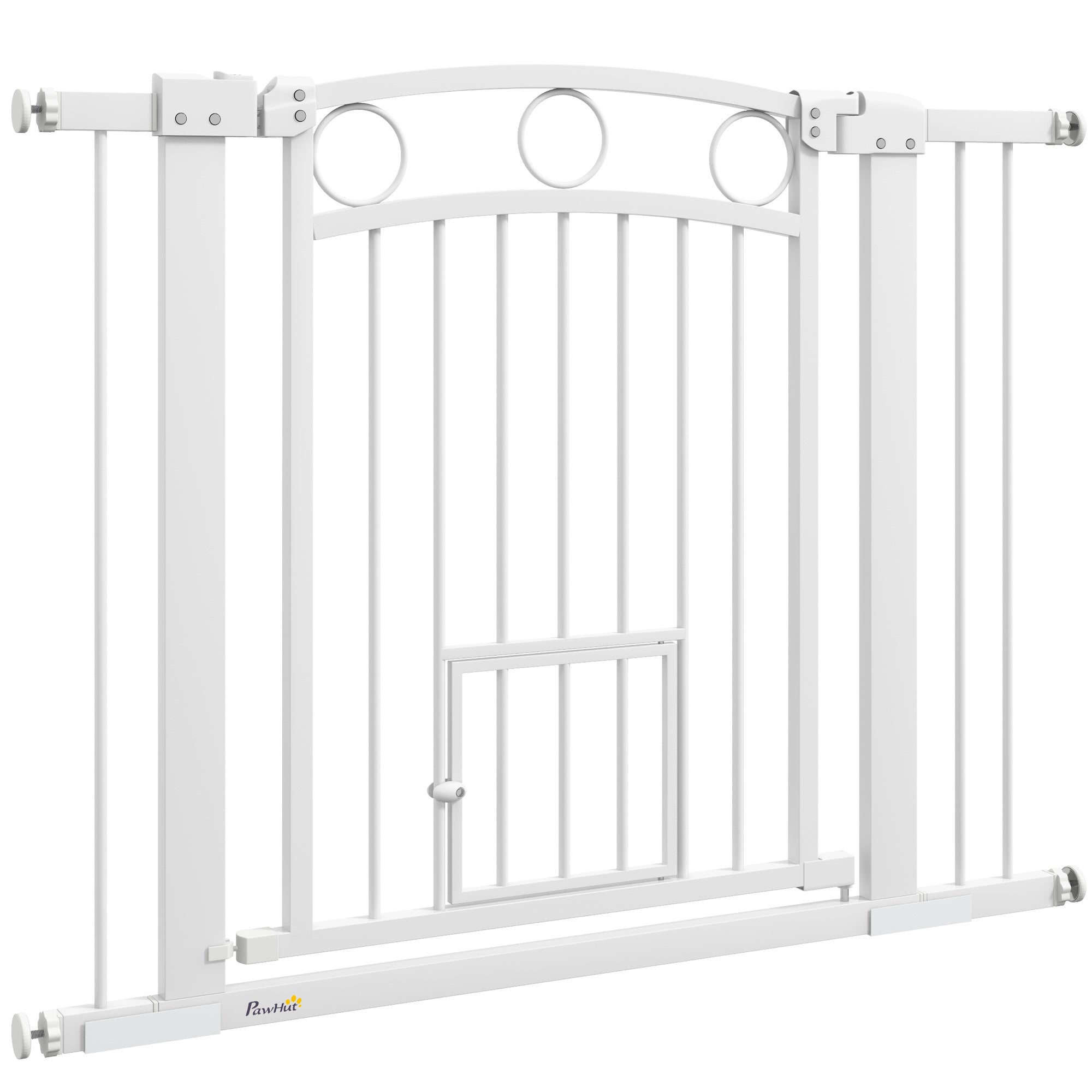 Door Gate for Dogs, 76-104 x 77 cm Stair Gate without Drilling, Lockable Stair Guard with Bidirectional Cat Door, One-Hand Opening, for all large dogs, Steel, White