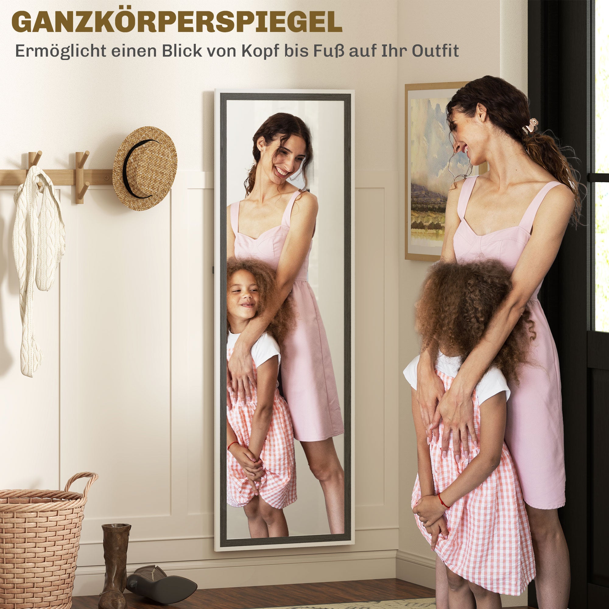 Full Body Mirror, 162.6 x 53.5 cm Floor Mirror with Stand, Wall Mirror for Living Room, Bedroom, Dressing Room Gray+White