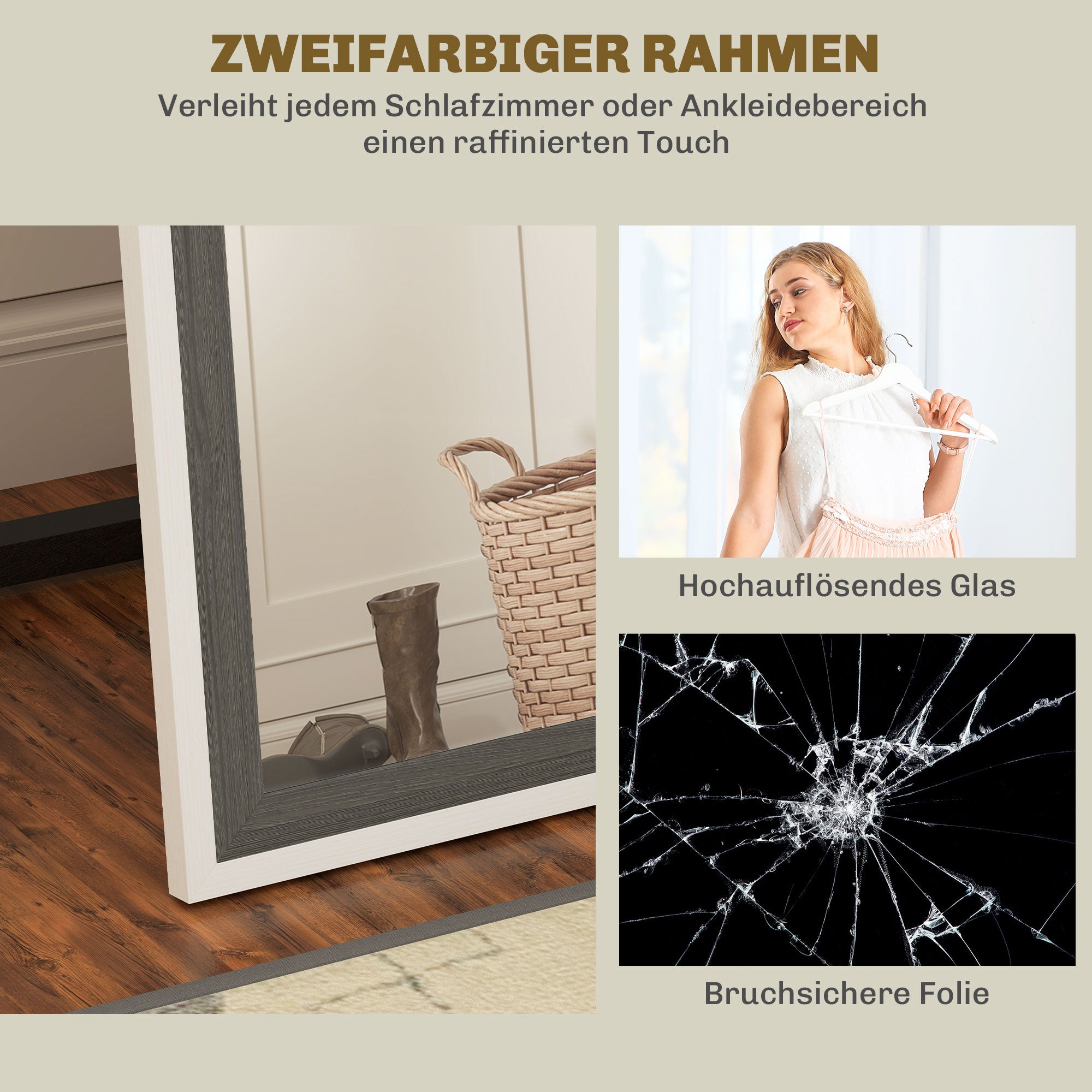 Full Body Mirror, 162.6 x 53.5 cm Floor Mirror with Stand, Wall Mirror for Living Room, Bedroom, Dressing Room Gray+White