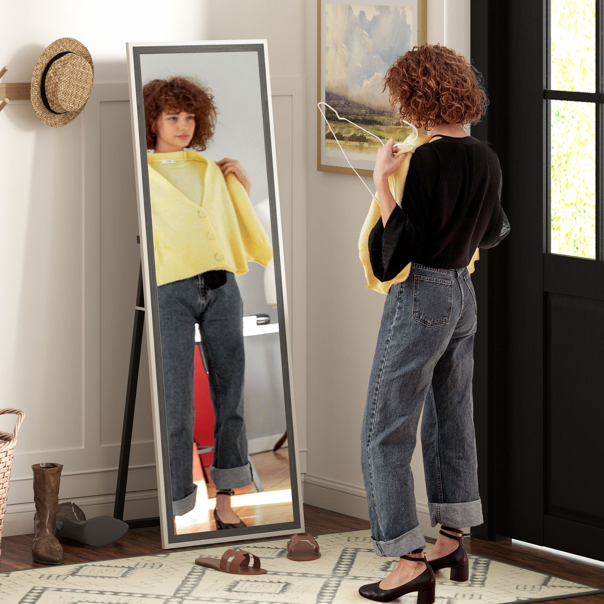 Full Body Mirror, 162.6 x 53.5 cm Floor Mirror with Stand, Wall Mirror for Living Room, Bedroom, Dressing Room Gray+White