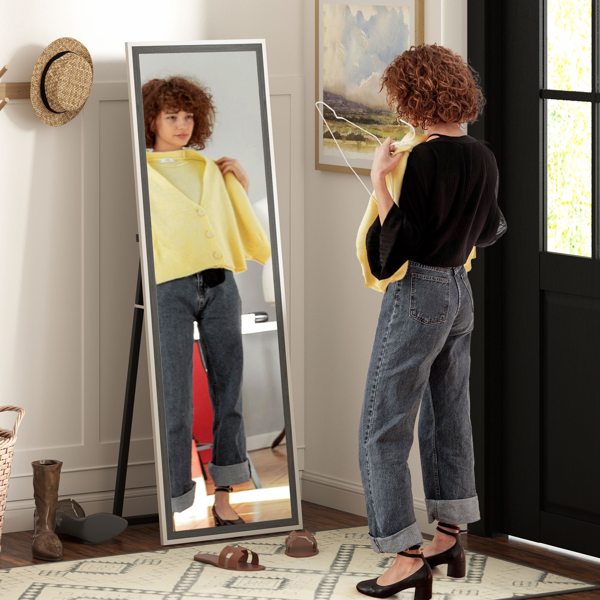 Full Body Mirror, 162.6 x 53.5 cm Floor Mirror with Stand, Wall Mirror for Living Room, Bedroom, Dressing Room Gray+White