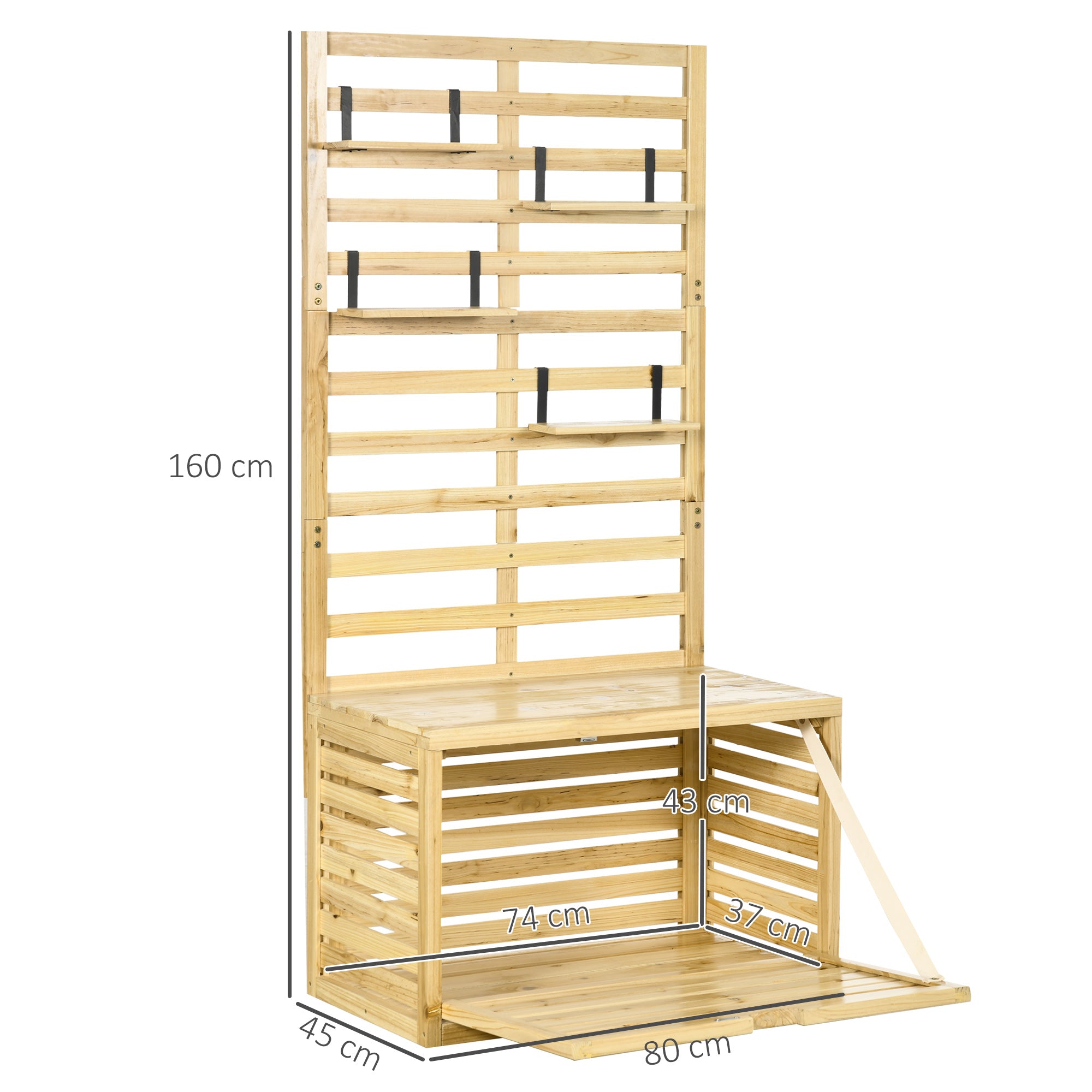 Storage Box, Storage Chest with Trellis, Cushion Box with Shelves, Garden Chest, Pillow Box, Solid Wood, Natural, 80 x 45 x 160 cm