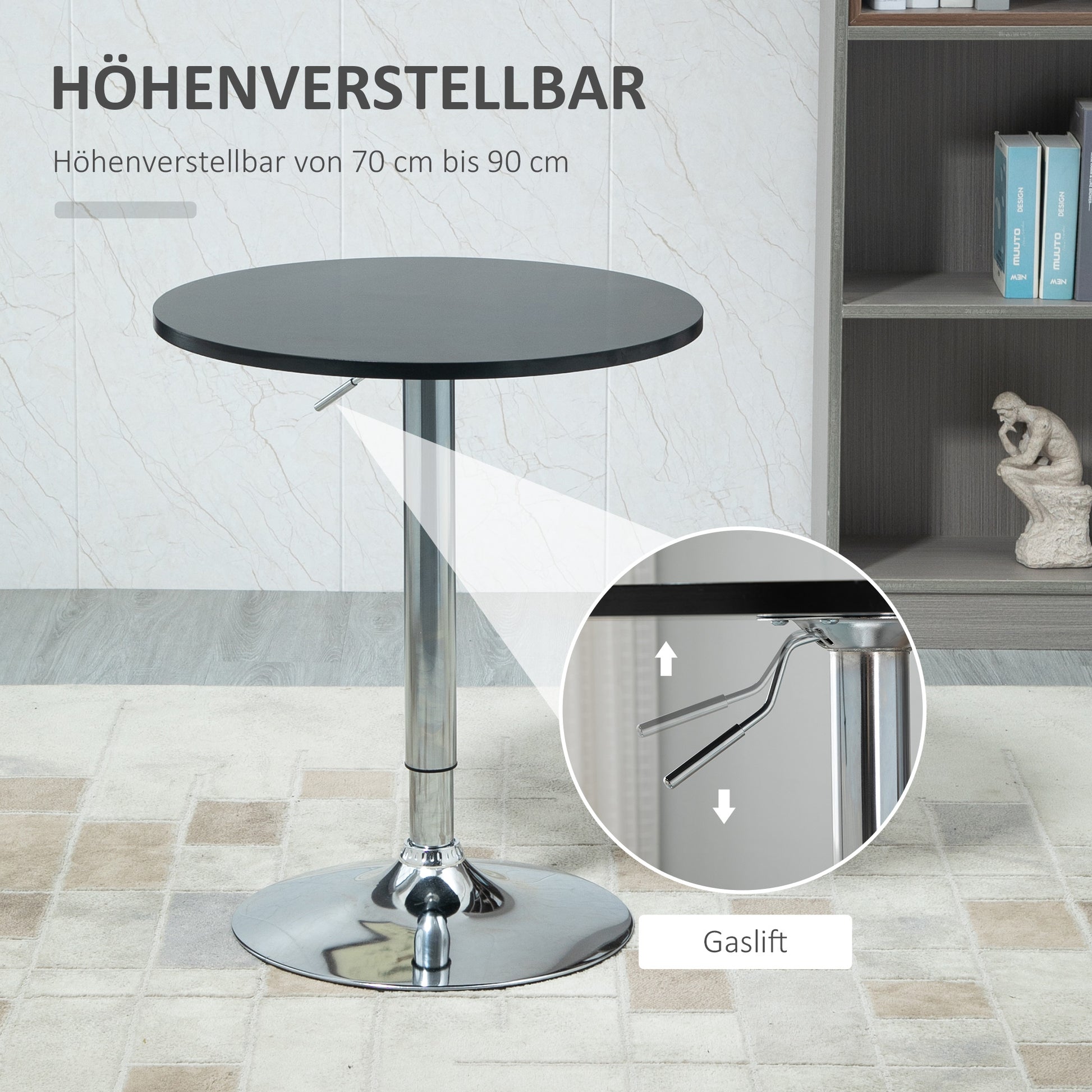 Bar Table Modern Round Dining Table 360° Rotating Adjustable Bistro Table Bar Table Kitchen Table Steel Black Ø61 x 70-90 cm
