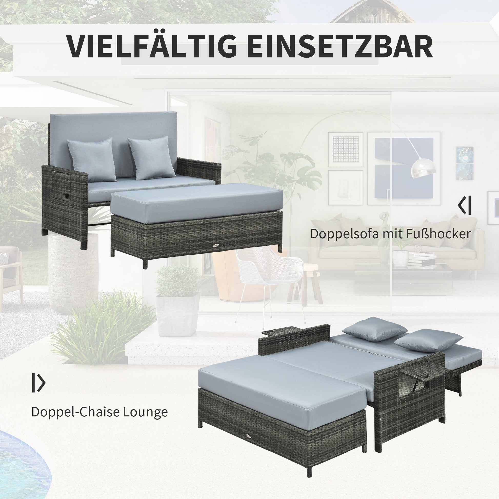 2-Piece Rattan Sun Lounger Set Weatherproof Garden Lounger with Armrest Cushion 5-Position Adjustable Backrest Footrest Supports up to 220kg Foldable Outdoor Garden Furniture for Pool, Beach Gray